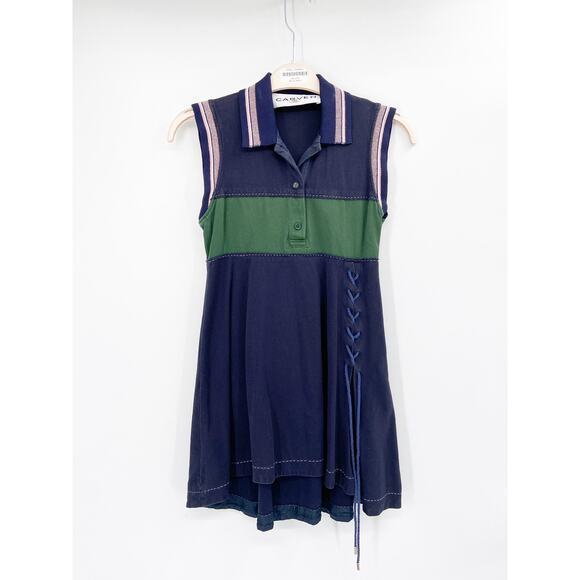 Carven Lace Up Navy Blue Green Mini Collared Polo Shirt Dress Size 38 - Picture 4 of 7